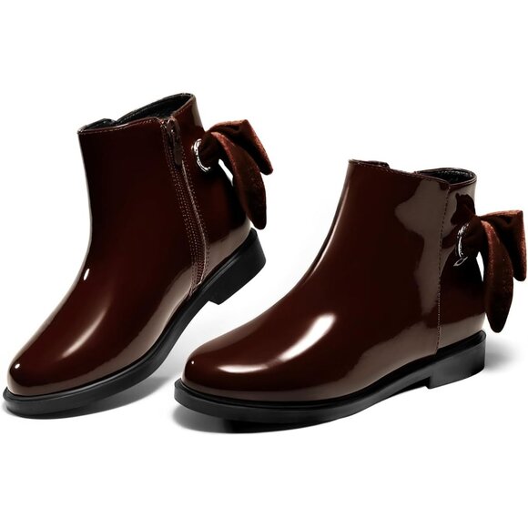 🆕Girls Dark Brown Faux Leather Ankle Bow Chunky Low Heel Side Zipper Dress Boot - Picture 4 of 9